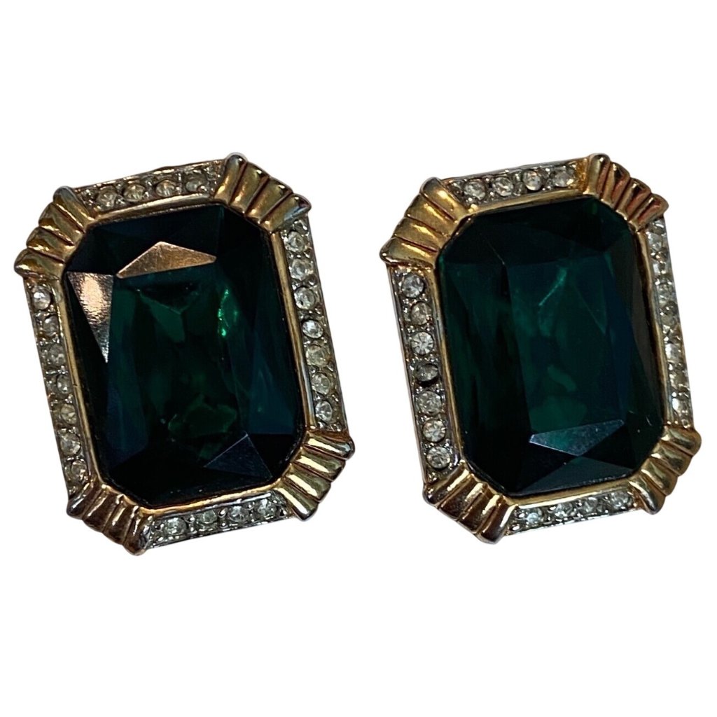Vintage Craft Clip-On Earrings With Green Gemstone Rhinestone Accents 35$